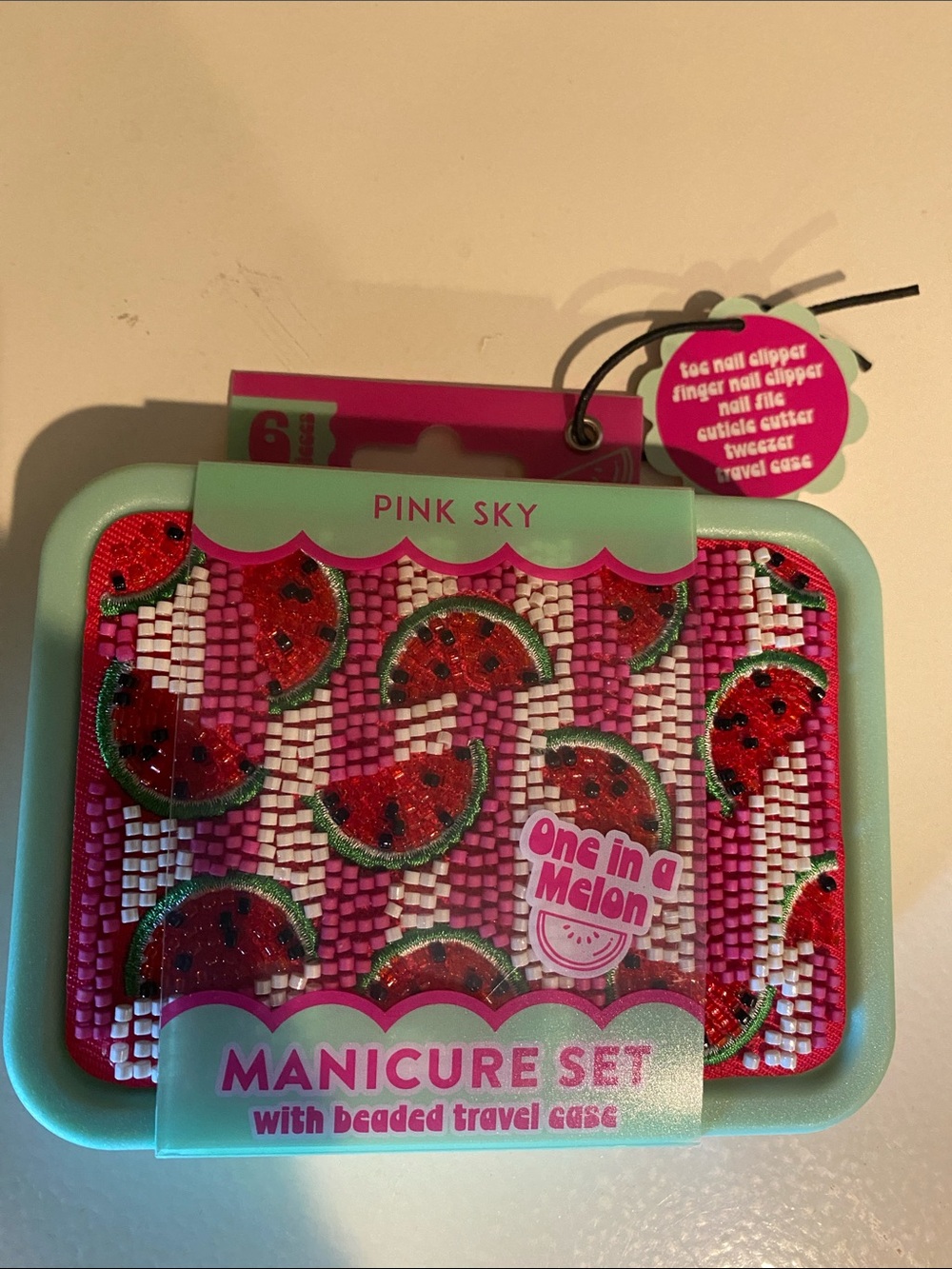Pink Sky "One in a Melon" Watermelon Beaded Manicure Set - Mint Pink Red
